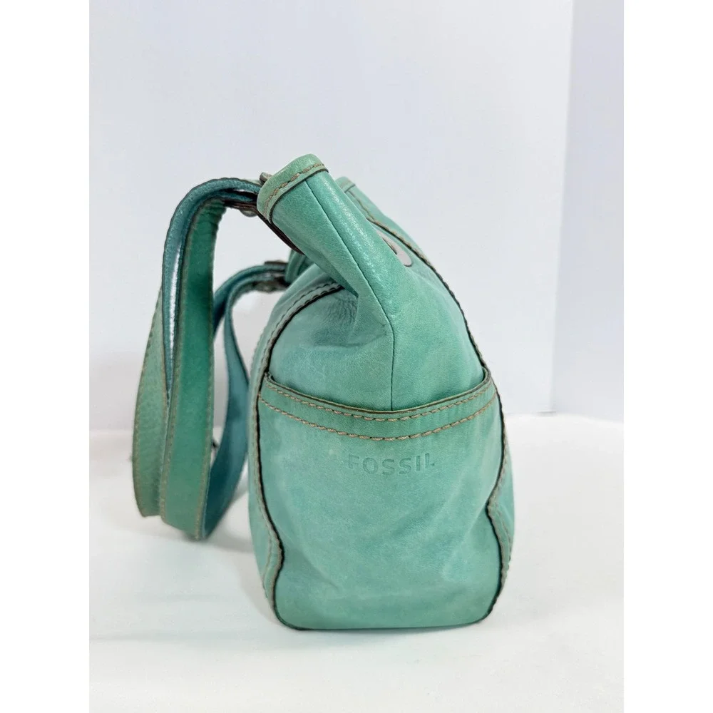 Fossil Teal Hathaway Leather Shoulder Bag Tote Key Charm ZB9385